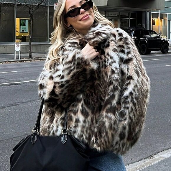 Brown Women's Elegant Leopard Print Faux fur  Side Pockets Coat - Picture 3 of 9